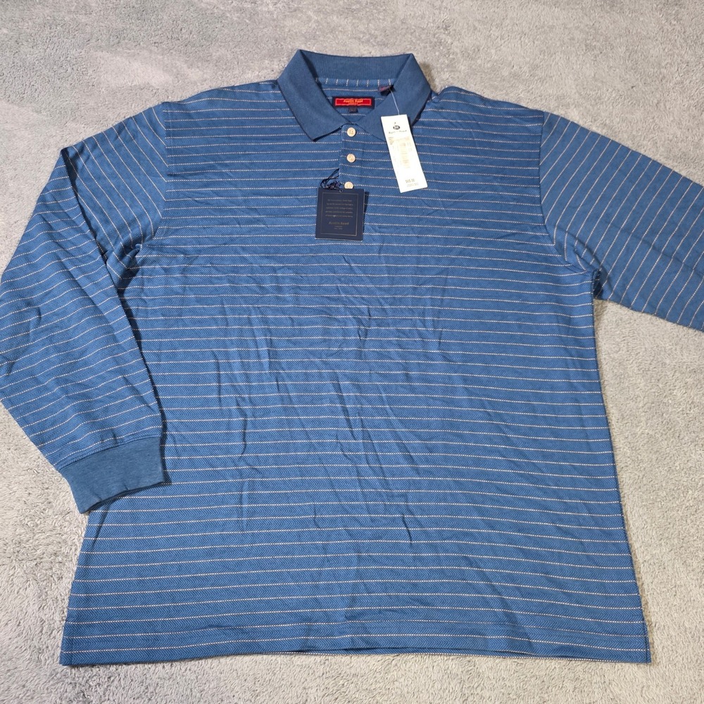 Austin Reed Mens L Polo Shirt Blue Long Sleeve Herringbone Striped Cotton NEW